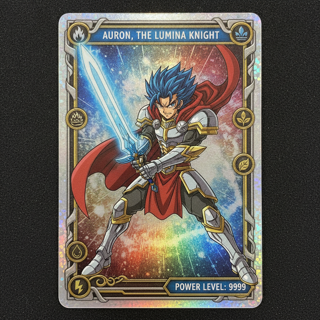 AI trading card generator result showing an anime character trading card with a glowing sword, element symbols, and a clean printed character name