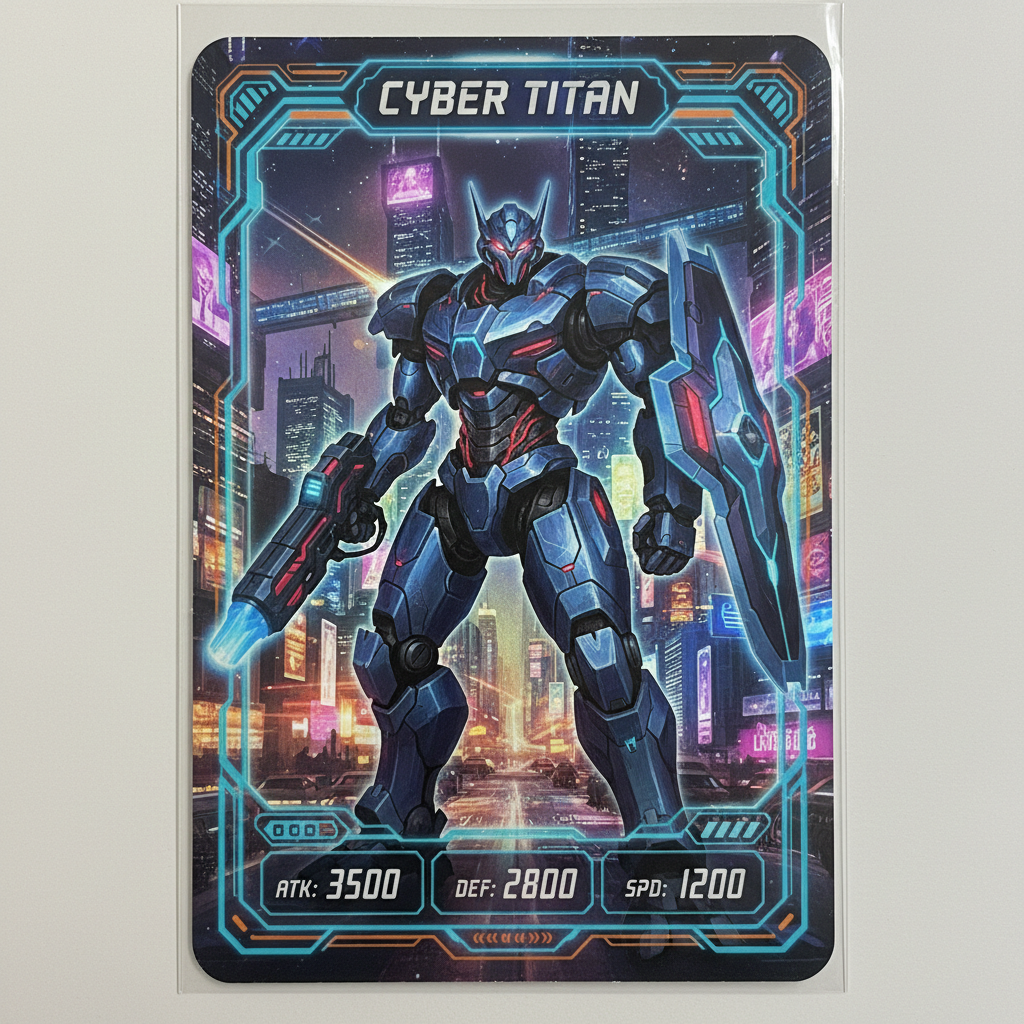 AI trading card generator result showing a sci-fi mecha trading card with a giant battle robot, futuristic HUD frame, and sharp printed unit name and stats