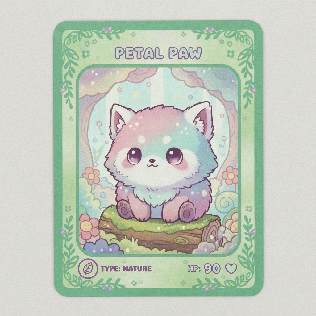 AI trading card generator result showing a cute pastel forest-spirit creature card with a soft rounded frame and playful printed name and HP stats