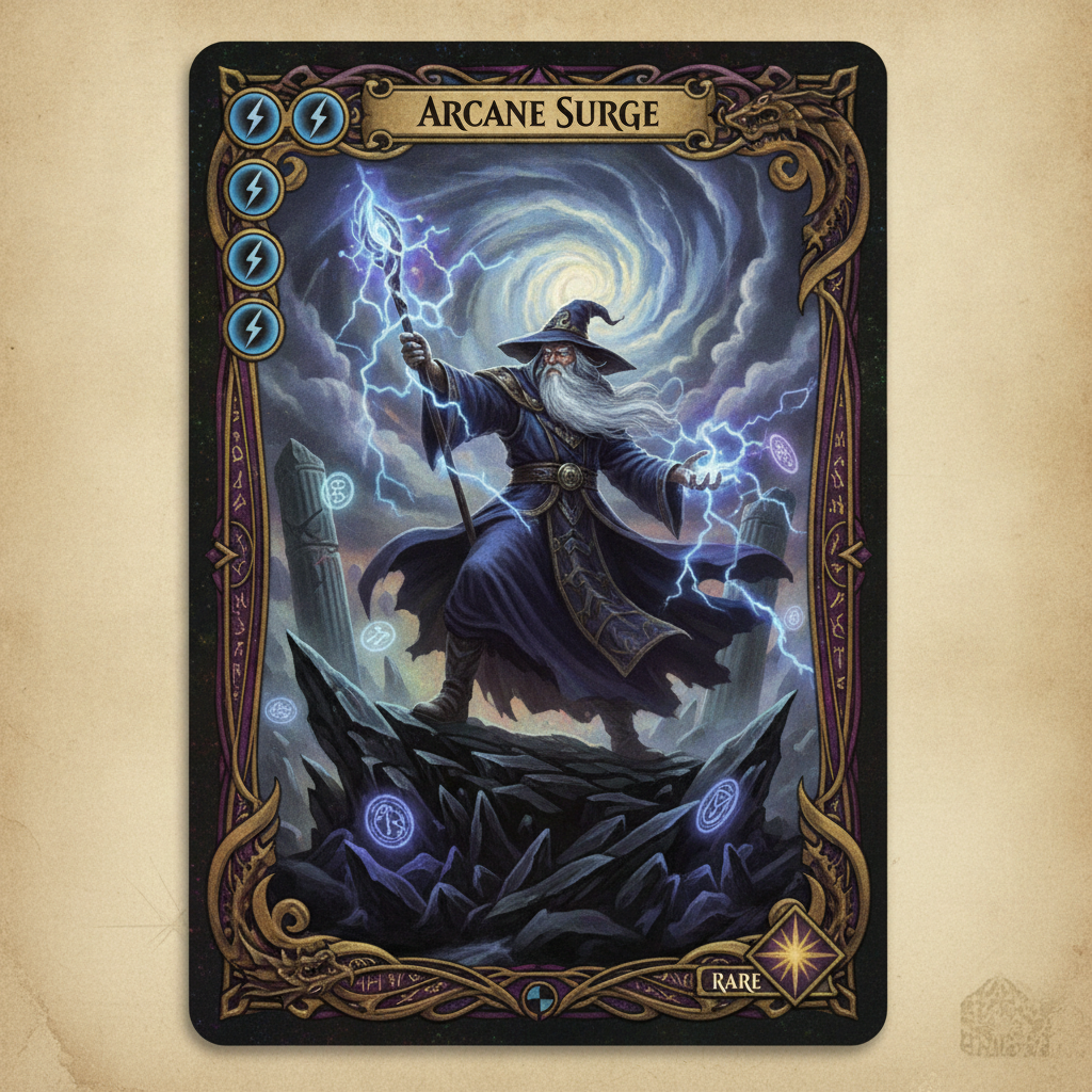 AI trading card generator result showing a fantasy spell card with an arcane wizard, ornate purple-and-gold border, and elegant printed spell name and mana cost