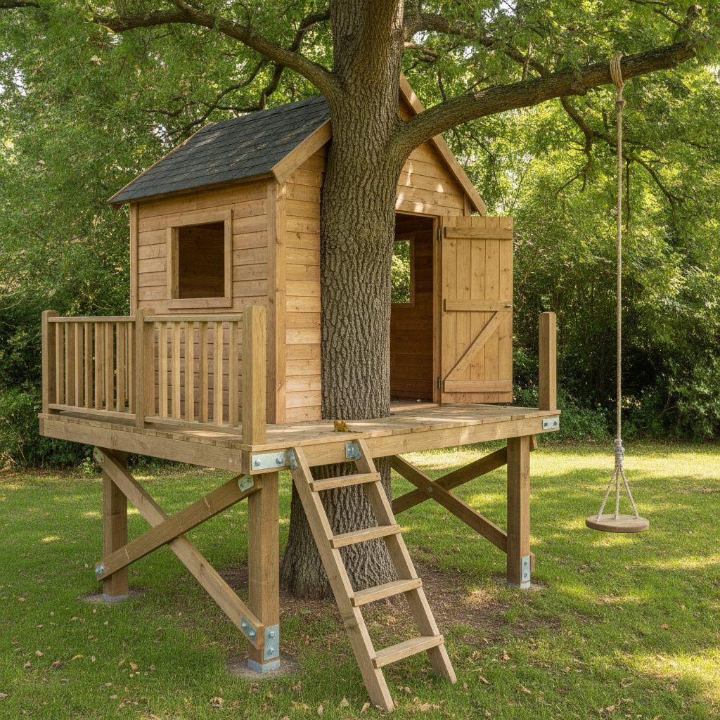 AI treehouse design generator result: a classic cedar-clad treehouse cabin with a dark shingled pitched roof built around a mature oak trunk, with a square window, an open plank door, a railed deck on the left, a straight plank ladder down to the grass and a rope swing with a round wooden seat hanging from a branch on the right.