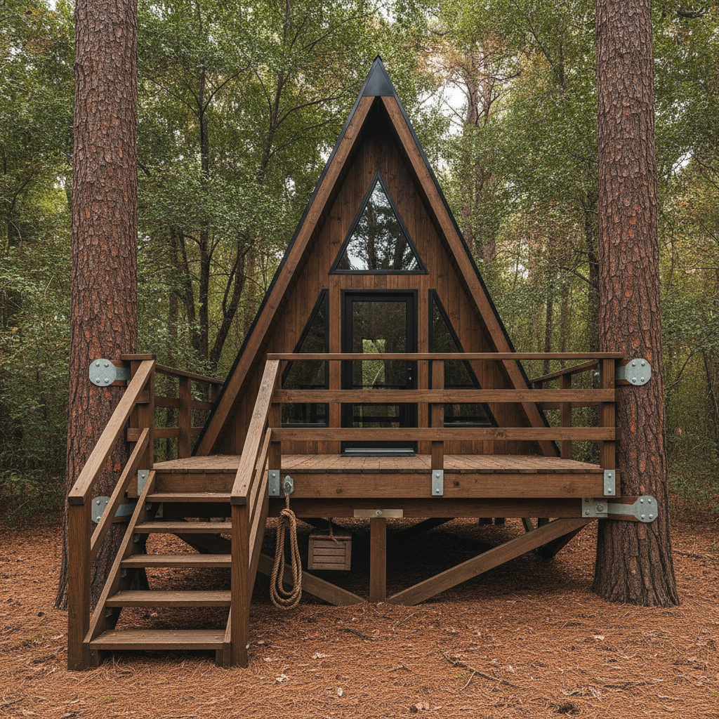 AI treehouse design generator result: a dark-stained A-frame treehouse cabin between two pine trunks, with a triangular gable window, a glazed door, a black metal ridge cap, an open deck with a three-rail timber balustrade, galvanised steel plates bolting the frame to both trunks and a timber staircase down to the pine needles.