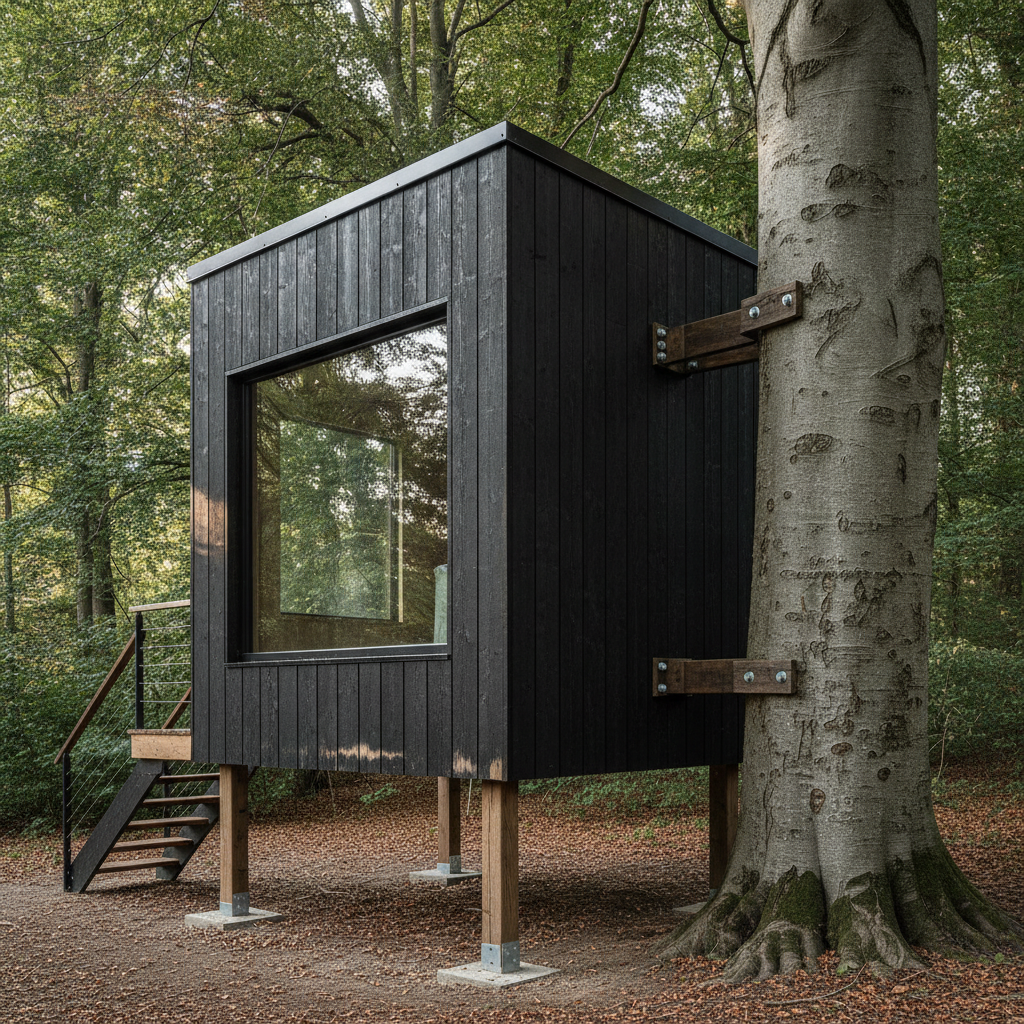 AI treehouse design generator result: a modern minimalist cube treehouse clad in charred black vertical timber slats with a flat standing-seam metal roof and one large square window reflecting the woodland, raised on four timber posts on concrete pads beside a beech trunk, with two bolted timber beams reaching to the trunk and a steel-cabled staircase on the left.