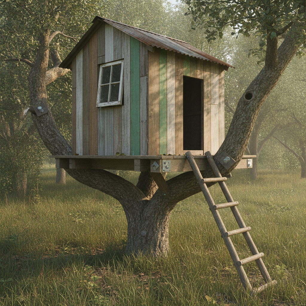 AI treehouse design generator result: a rustic treehouse built from mismatched salvaged boards in weathered grey, faded green and raw brown, with a rusting corrugated iron roof, a six-pane salvaged window sash with peeling white paint, an empty dark doorway and a pole ladder, sitting in the fork of an old apple tree in a long-grass orchard.