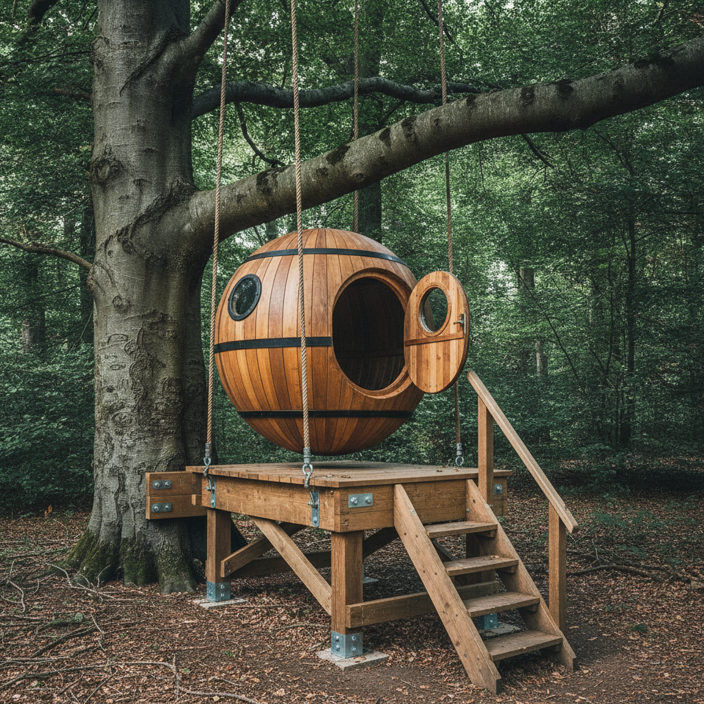 AI treehouse design generator result: a spherical pod treehouse built from honey-brown curved timber staves banded with two dark steel hoops, with a round open doorway, a porthole window and a hinged round door, hanging on thick natural fibre ropes beneath a heavy beech branch above a timber landing and staircase.