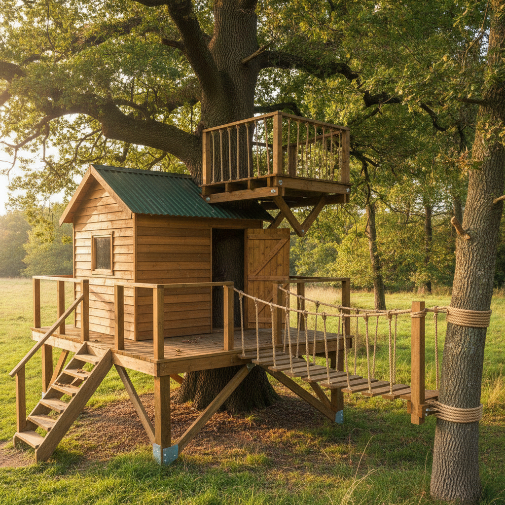 AI treehouse design generator result: a two-level treehouse in a meadow oak, with a board-clad lower cabin under a dark green corrugated roof, a railed upper lookout platform bolted higher up the trunk, a staircase down to the grass and a slatted rope bridge with twisted fibre handrails running off to a second tree on the right.
