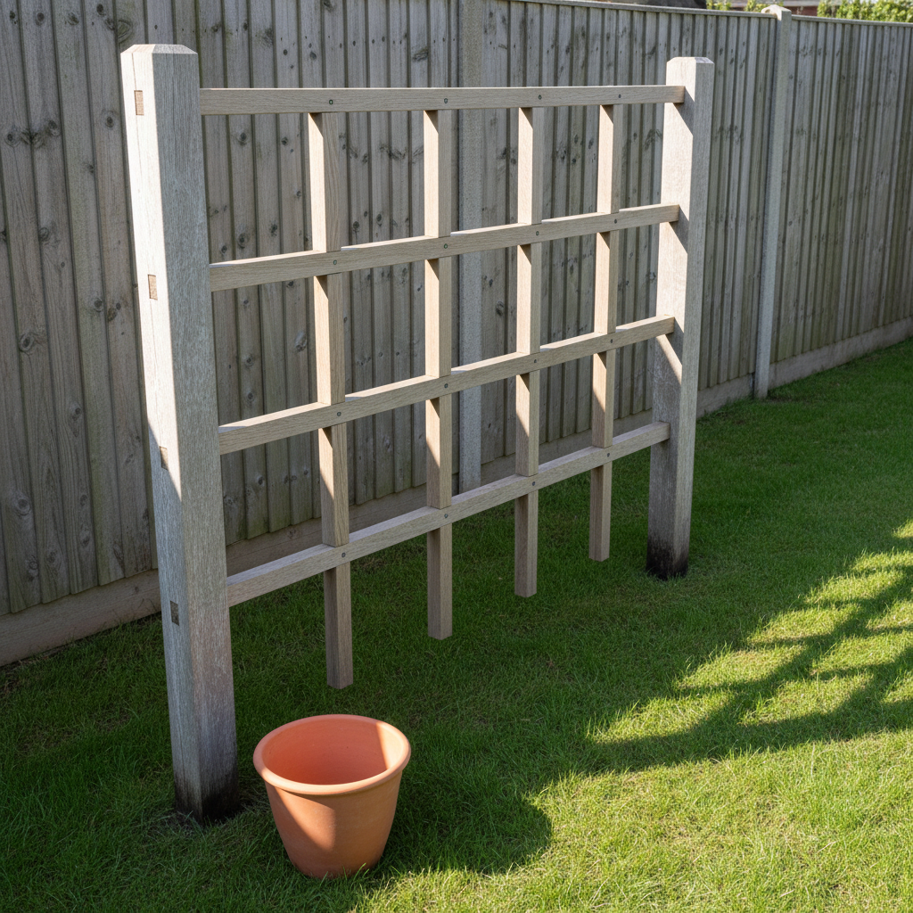AI trellis design generator result: a weathered silver-grey oak lattice panel pegged between two forearm-thick oak posts standing on mown grass in front of a feather-edge boarded fence, both post feet greyed dark where they meet the grass, in low afternoon sunlight from the left.