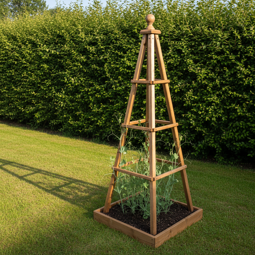 AI trellis design generator result: a tall timber obelisk trellis with four larch legs leaning inward to meet at a single point under a turned finial, standing in a square tray of heaped soil with sweet peas climbing it, against a clipped beech hedge in low morning light.