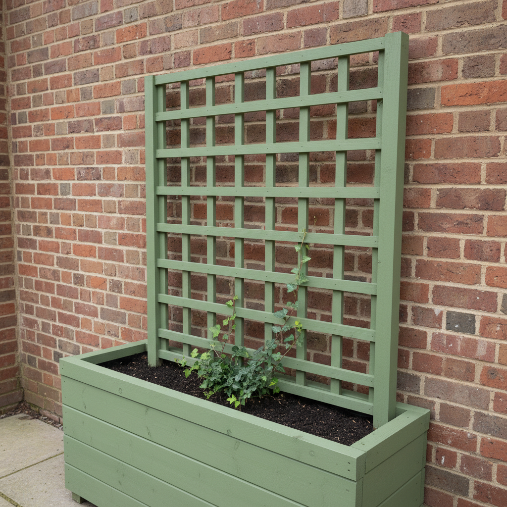 AI trellis design generator result: a sage green painted trellis screen whose uprights drop through slots in the top of a tongue-and-groove planter box and are hidden inside it, dark soil heaped above the open rim with ivy climbing into the lattice, against an old red brick wall.