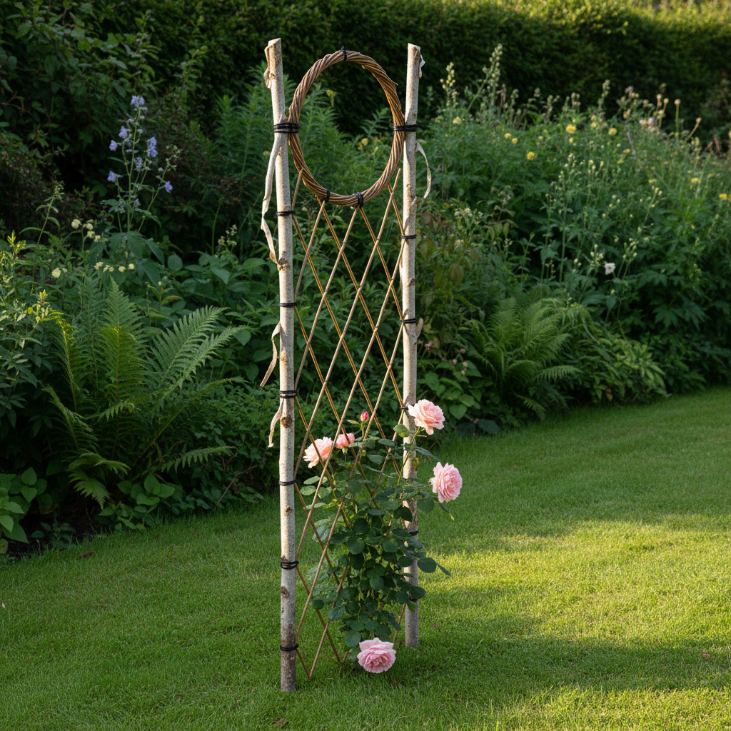 AI trellis design generator result: a rustic woven willow trellis on two peeled hazel poles with silvery peeling bark, a true circular willow hoop lashed into the diamond lattice near the top, a pink climbing rose winding up it, against a deep green border.