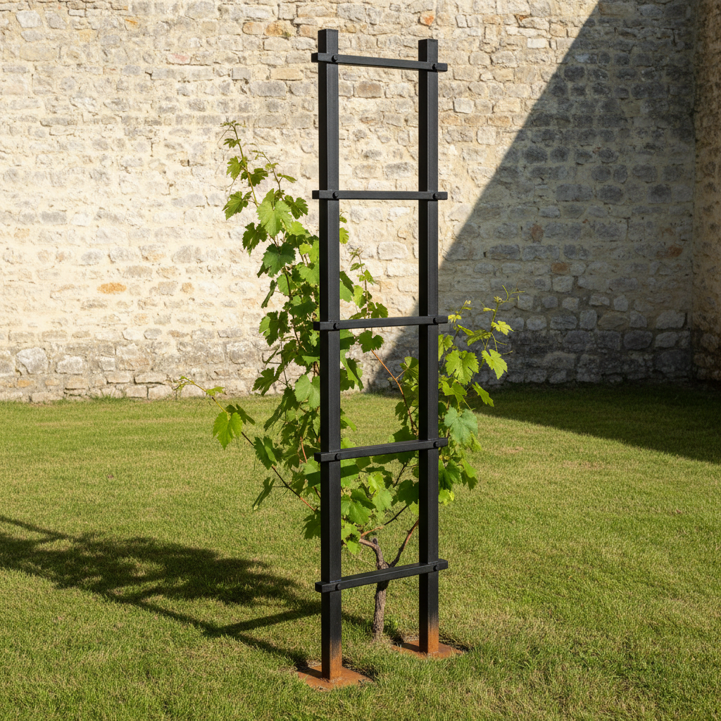 AI trellis design generator result: a matt black square-bar steel trellis on square foot plates lying on mown grass, both feet rusted orange-brown where the plate meets the grass and fading upward onto the bar, a grapevine twisting up it against a lime-washed stone wall.