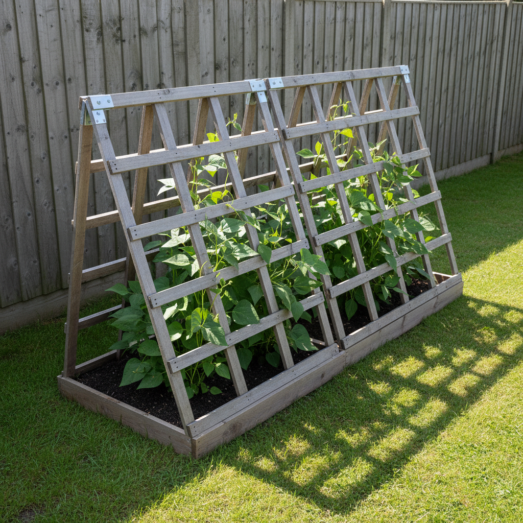 AI trellis design generator result: an A-frame trellis of two matching rough-sawn grey pine lattice panels leaning together over a timber-edged bed of dark soil, runner beans climbing through both panels, its lattice shadow thrown across the mown grass to the right.