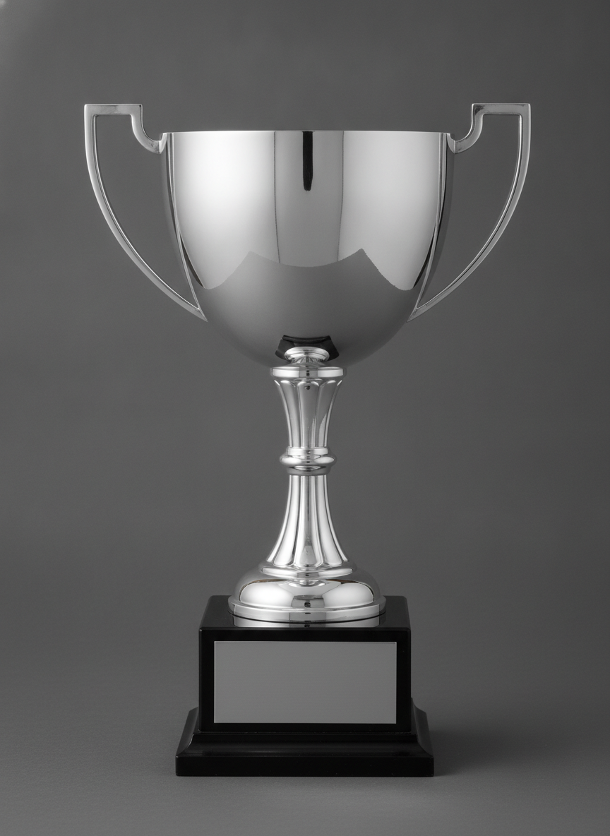 AI trophy design generator result: a two-handled silver-plated cup on a short fluted stem above a black stepped plinth, with a completely blank silver plate fixed to the front of the plinth and a broad soft reflection of the studio across the polished bowl