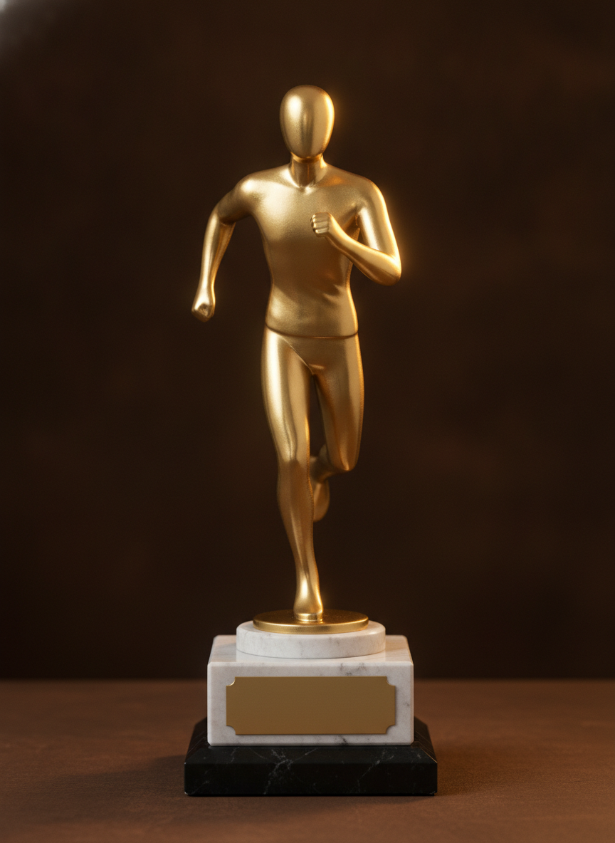 A gold-toned figurative sports award: a smooth featureless running figure with no face and no branding on its body, standing on a white marble tier above a black marble base, with a plain blank gold plate on the front of the white tier