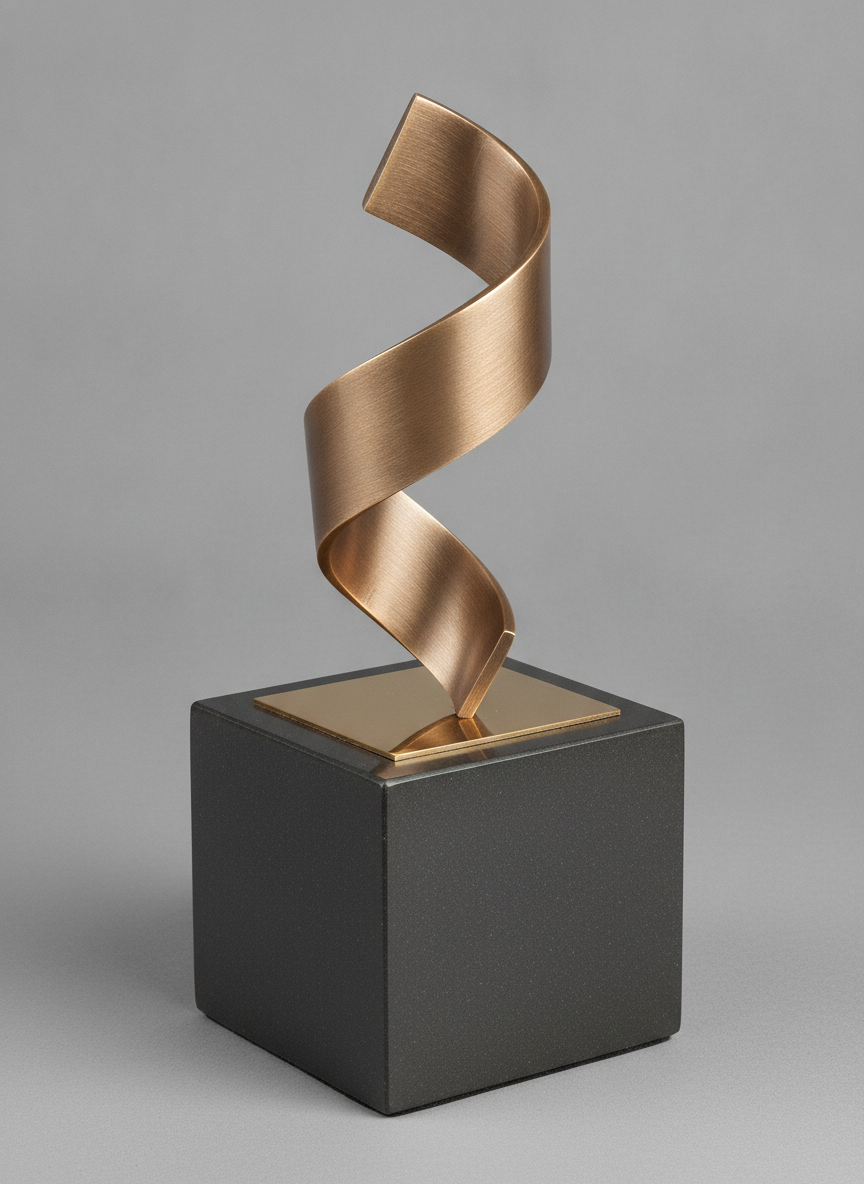 A corporate sculptural award: a brushed bronze ribbon twisting through a quarter turn, mounted on a mirror-blank bronze plate inset into the top of a thick dark stone cube, photographed at a three quarter angle against mid grey