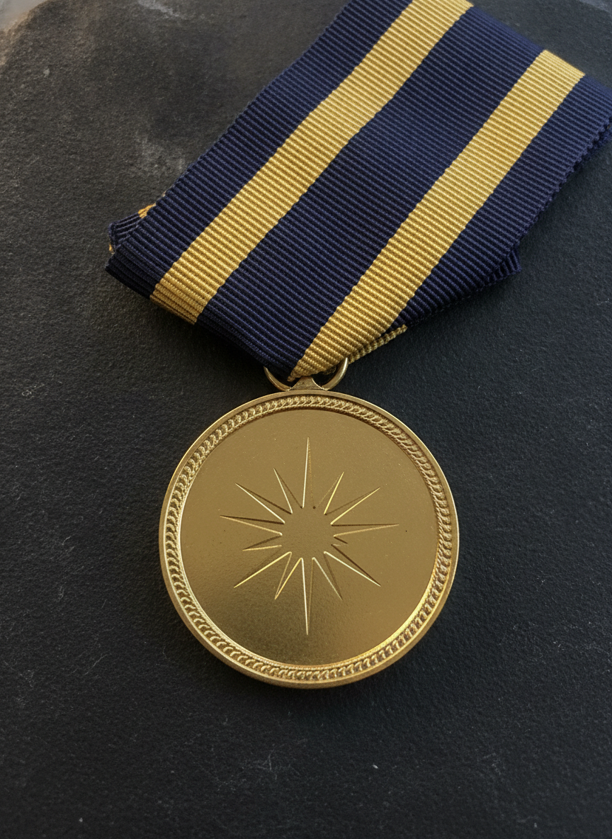 A round gold medal with a rope-textured rim and a plain sunburst relief pressed into its blank centre, hanging from a wide navy and gold striped ribbon laid in a loose curve on dark stone