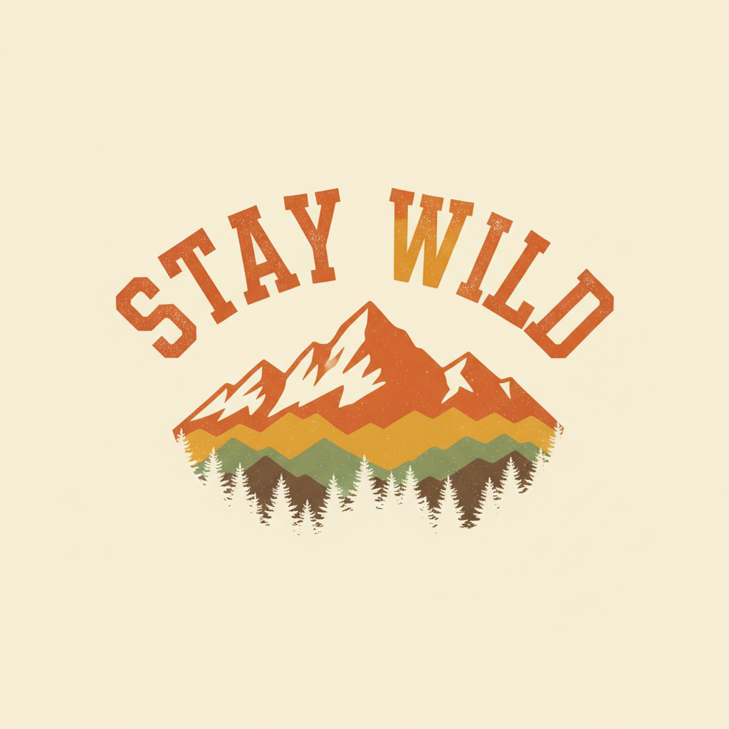 AI t-shirt design generator result showing a bold vintage typographic slogan graphic with a mountain silhouette and distressed retro texture, ready to print