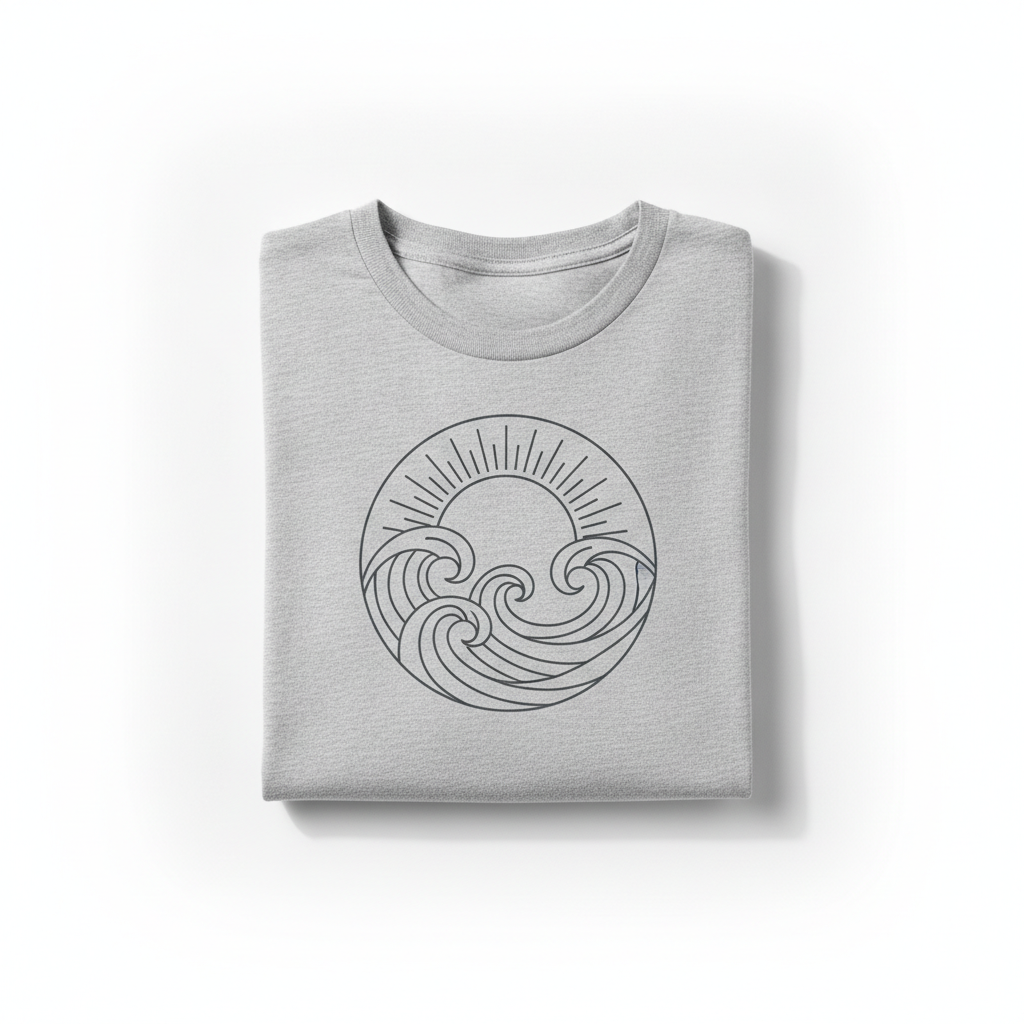 AI t-shirt design generator result showing a folded heather-grey tee mockup with a clean minimalist line-art sun and ocean waves design