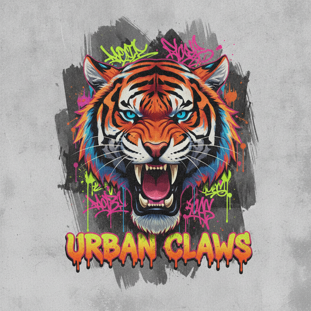 AI t-shirt design generator result showing a bold streetwear graphic of a roaring tiger with neon graffiti accents and dripping paint
