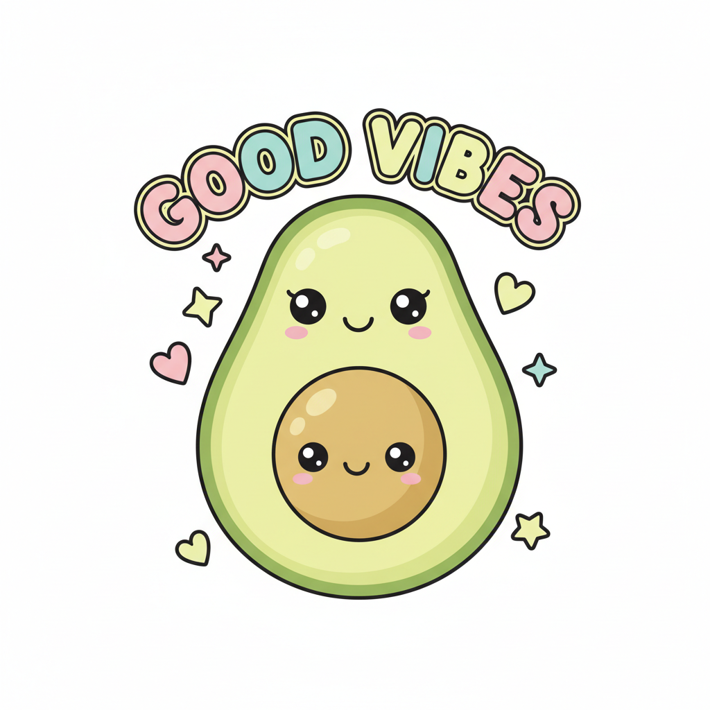 AI t-shirt design generator result showing a cute kawaii cartoon avocado character in pastel colors with a hand-lettered good vibes caption
