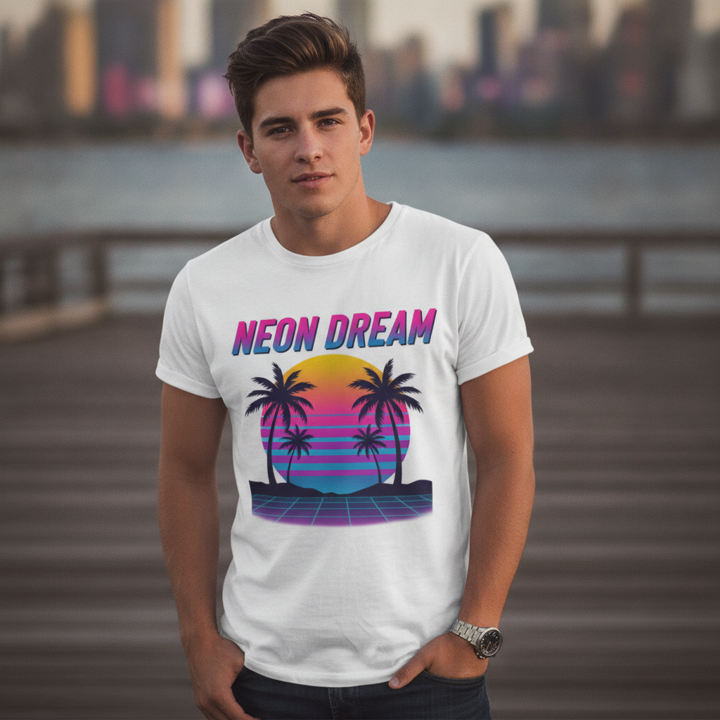 AI t-shirt design generator result showing a model wearing a white tee with a retro 80s synthwave sunset and palm tree design