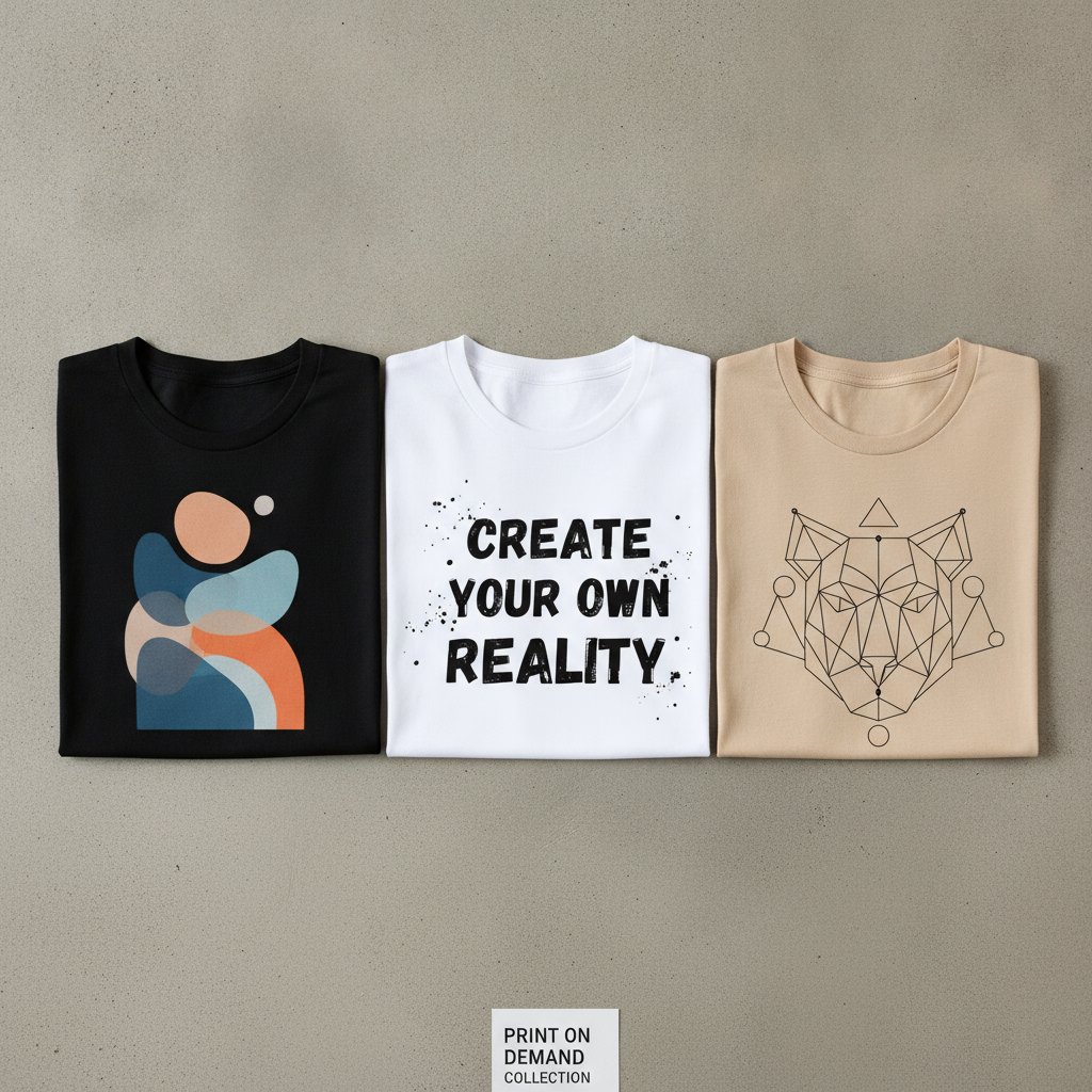 AI t-shirt design generator result showing a flat lay of three tees in black, white, and sand colors each with a different modern graphic design