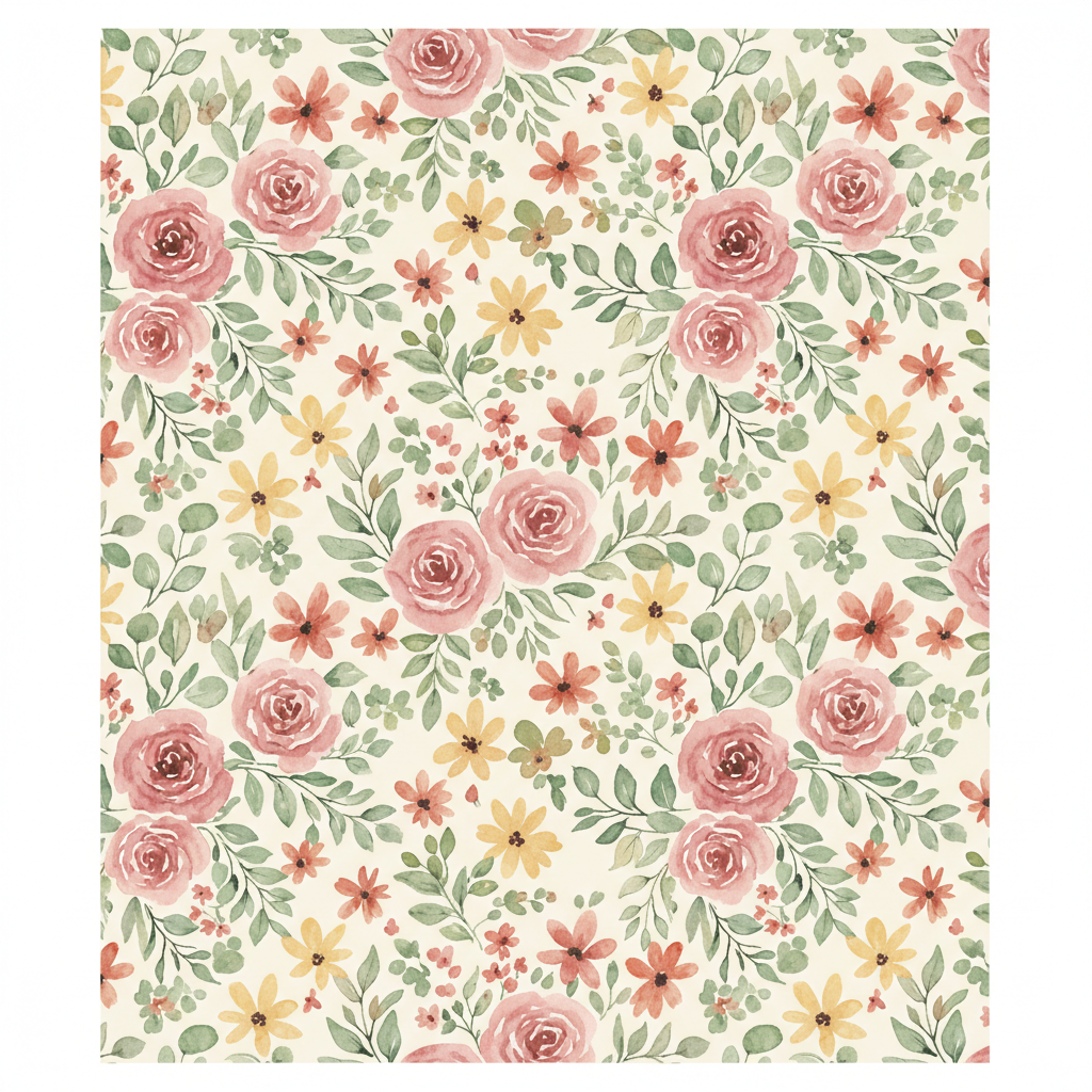 AI tumbler wrap design generator result: a seamless watercolour floral wrap with roses, wildflowers and eucalyptus sprigs in dusty rose, sage and terracotta on a warm cream ground