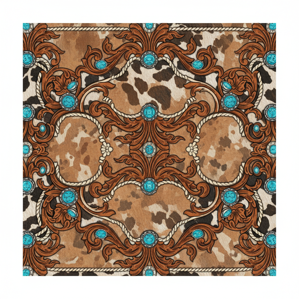 Western tumbler wrap design generated with AI: black and white cowhide patches over tan leather with tooled floral scrollwork, turquoise stones in silver conchos and rope-twist borders