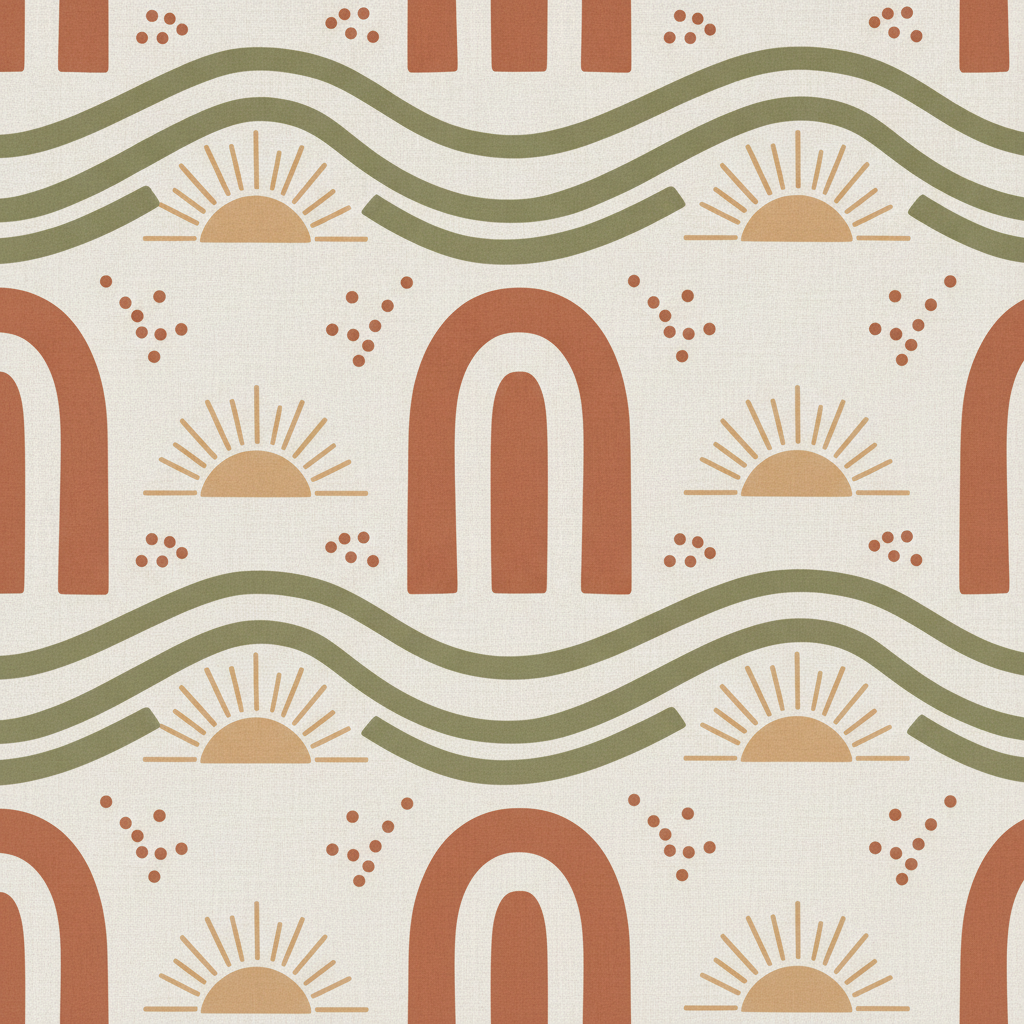 Boho neutral tumbler wrap from the AI tumbler wrap design generator: flat arches, half suns and wavy lines in terracotta, burnt sienna, olive and off-white with a linen paper texture