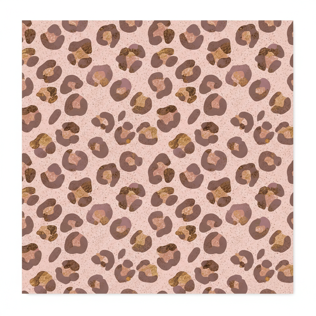 Pastel leopard print tumbler wrap made with AI: soft broken rosettes in cocoa, dusty mauve and antique gold scattered across a warm blush and taupe speckled ground