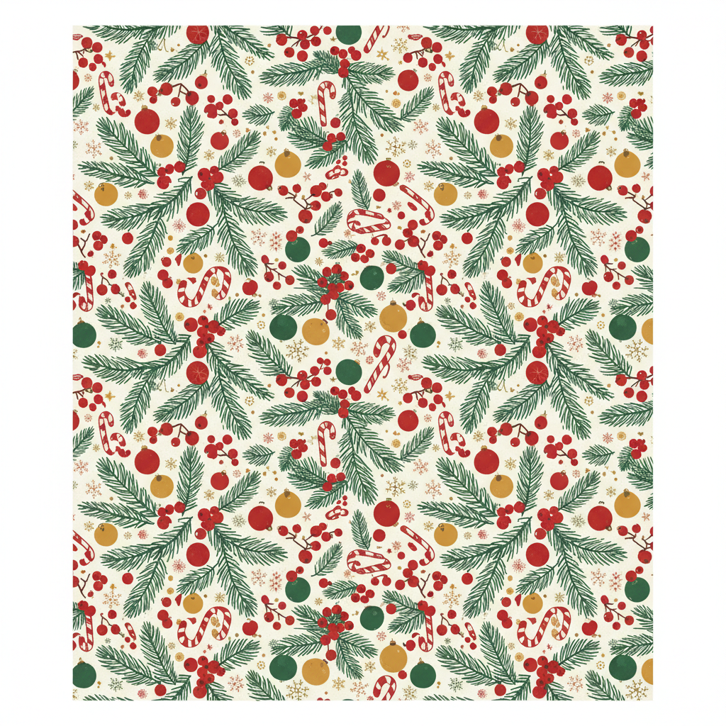 Vintage Christmas tumbler wrap design generated with AI: pine boughs, red winterberries, candy canes and baubles in forest green, brick red and gold on a soft cream ground