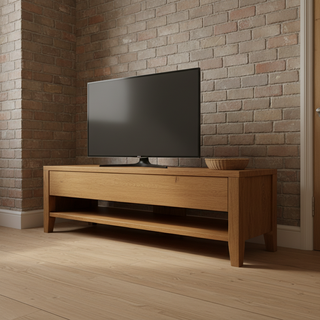 AI TV stand design generator result: aged oak media console with one full-width drawer above a full-width open shelf on square tapered legs