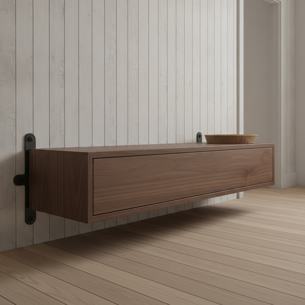 AI TV stand design generator result: wall-mounted walnut TV unit on two blackened steel L-brackets with floorboards running unbroken beneath it