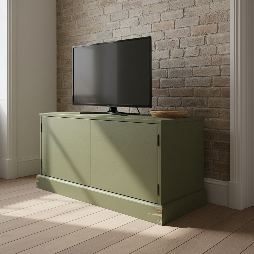 AI TV stand design generator result: olive painted two-door TV cabinet on a recessed plinth with blackened hinges and no handles