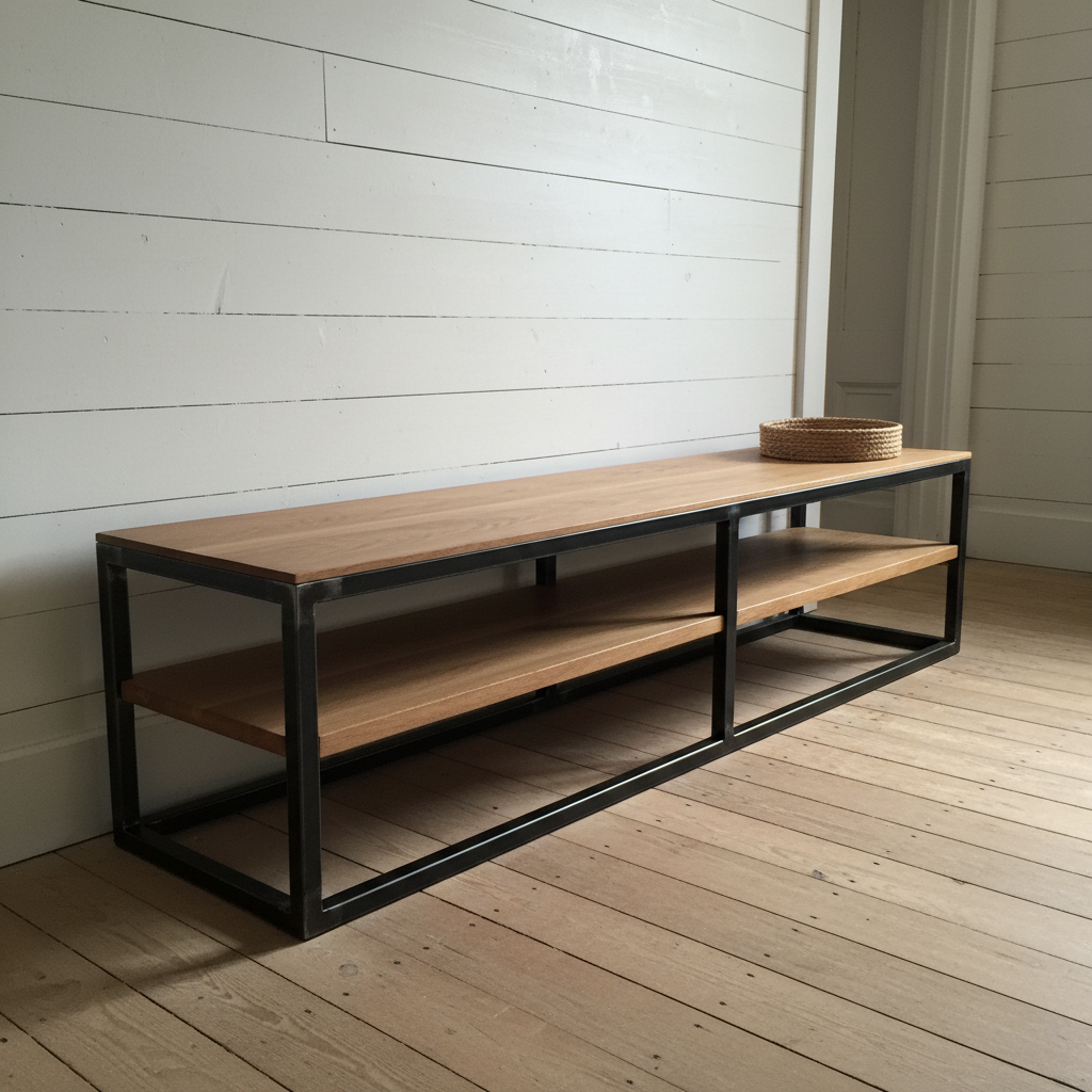 AI TV stand design generator result: blackened steel and oak open frame TV stand with two oak levels against limewashed boarding