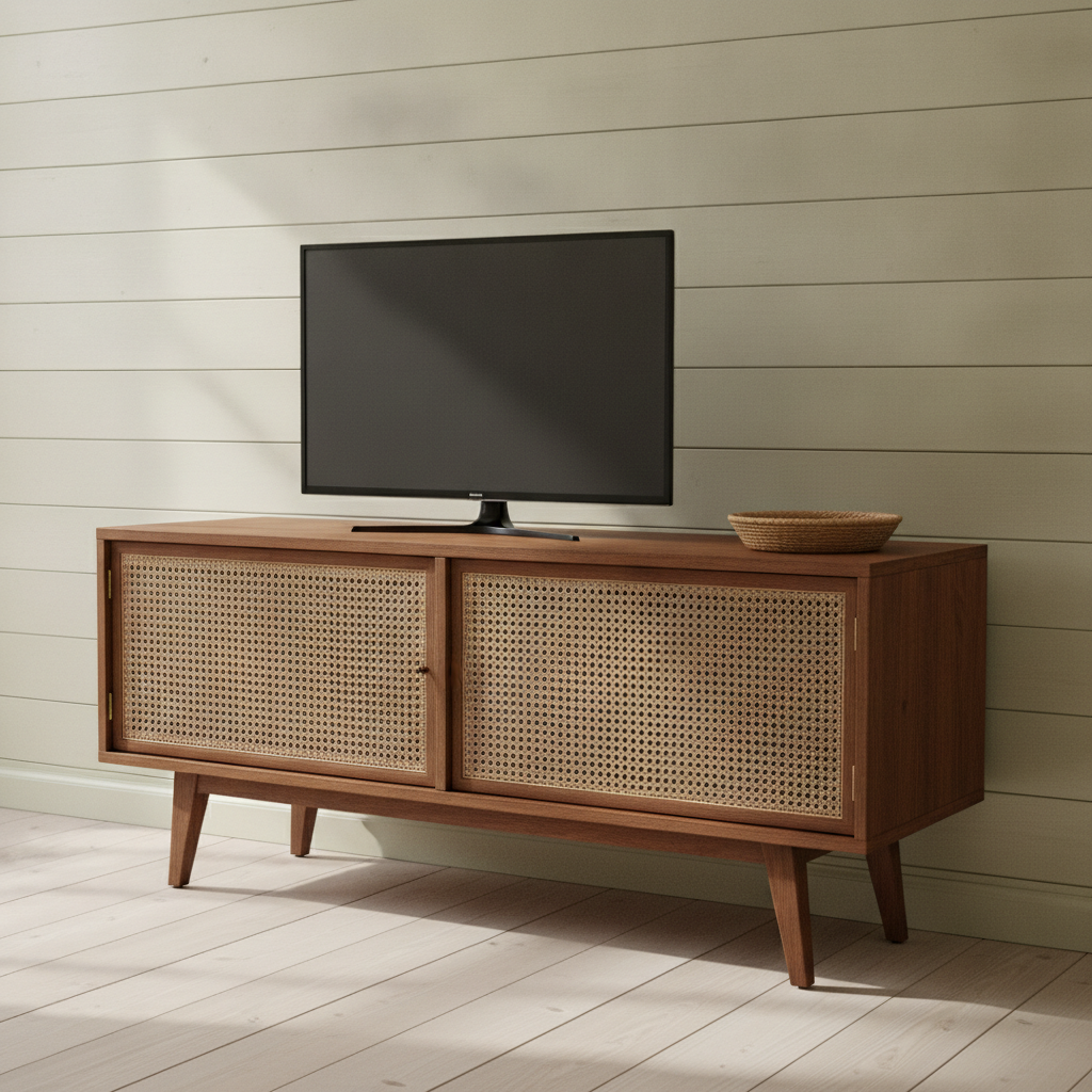 AI TV stand design generator result: teak TV sideboard with two woven cane doors on round tapered splayed legs