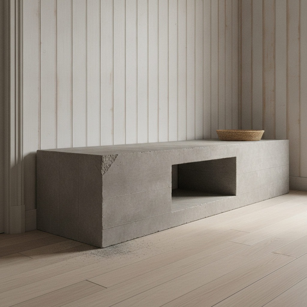 AI TV stand design generator result: poured concrete TV plinth with one long rectangular niche cut into the front face