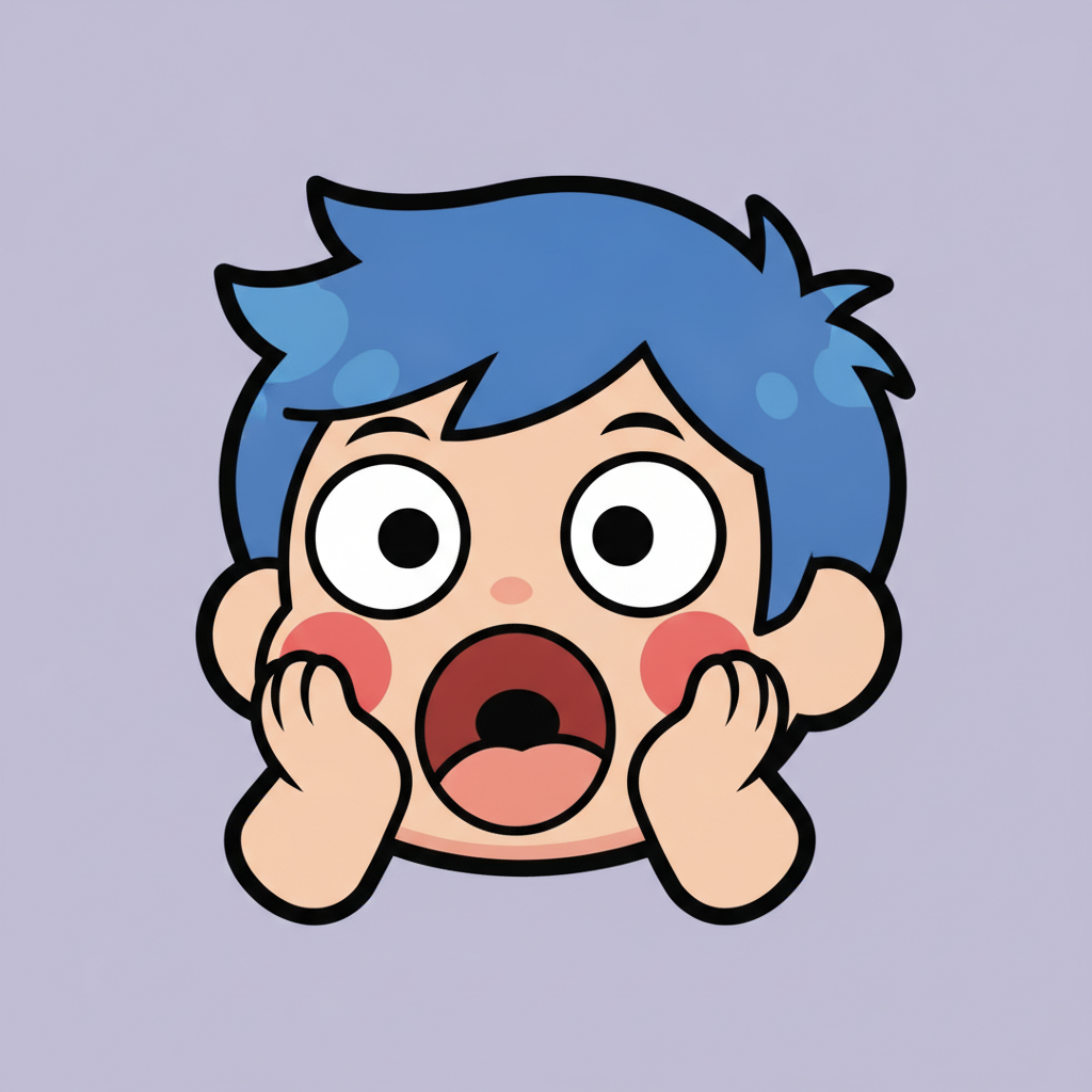 AI Twitch emote generator result showing a cute chibi character Pog emote with a wide-open shocked mouth and huge surprised eyes