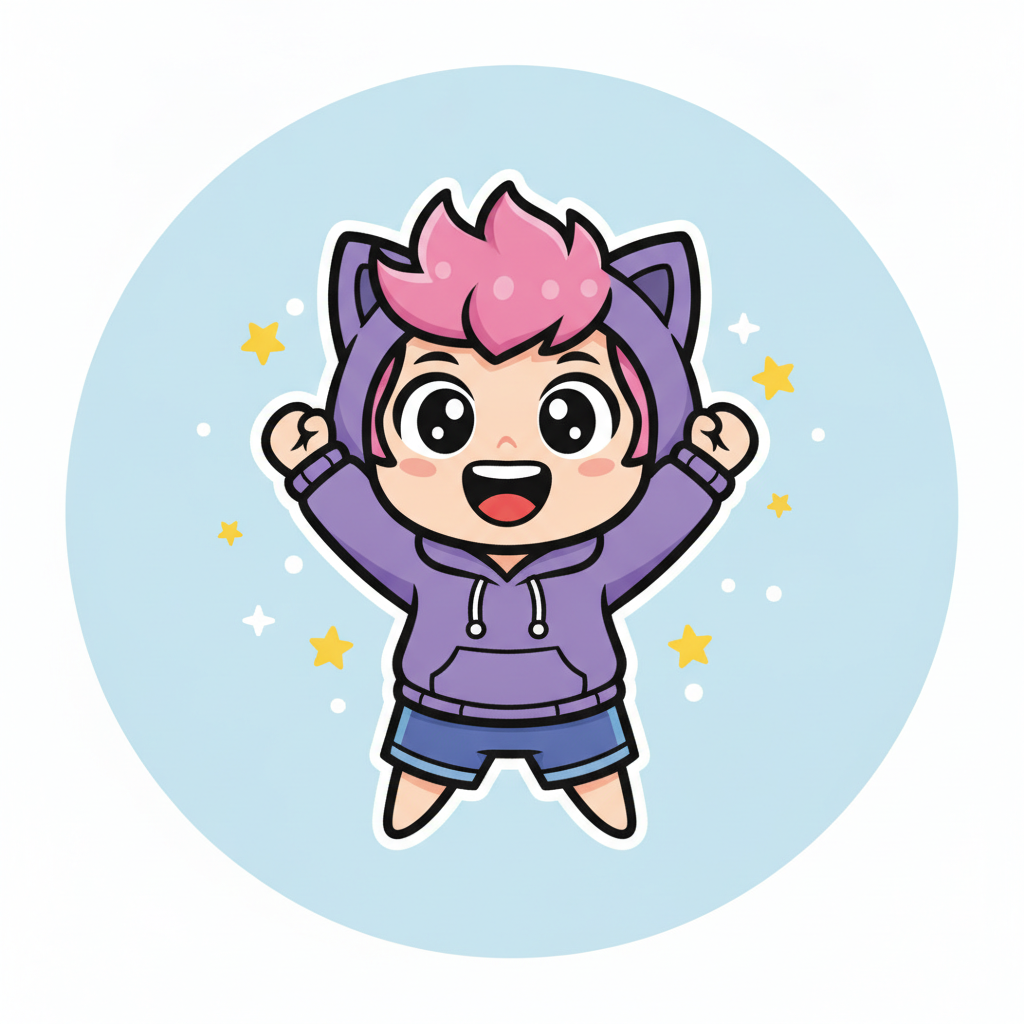 AI Twitch emote generator result showing a chibi character hype emote cheering with both arms raised, a big grin, and sparkles