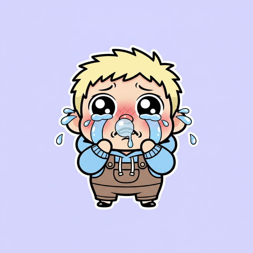 AI Twitch emote generator result showing a chibi character crying emote with huge glossy teary eyes and a wobbly frown