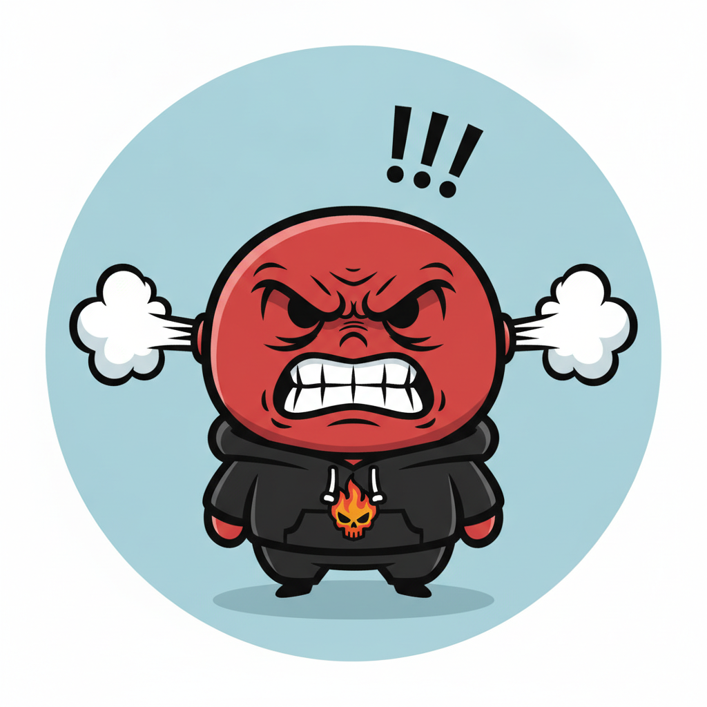 AI Twitch emote generator result showing a chibi character rage emote with a furious red face, gritted teeth, and steam from the ears