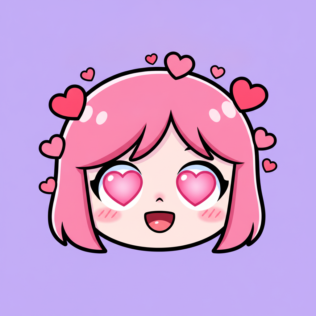 AI Twitch emote generator result showing a chibi character love emote with pink heart-shaped eyes, a blushing smile, and floating hearts