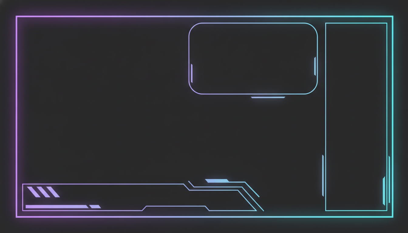 AI Twitch overlay generator result: a dark charcoal stream layout with a glowing purple-to-cyan neon border, an empty rounded webcam box in the upper area, an angular bottom banner bar and a tall empty chat panel down the right edge