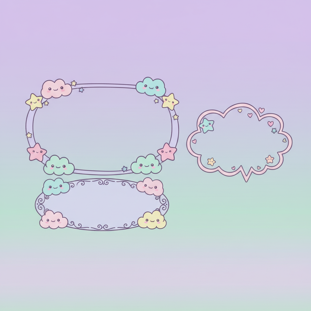 Cozy pastel Twitch overlay made with AI: a soft lavender to mint gradient with an oval webcam frame ringed by kawaii clouds and smiling stars, a cloud-shaped empty chat bubble and a scrolled empty banner panel below