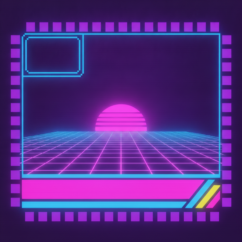 Retro synthwave Twitch overlay from the AI Twitch overlay generator: a magenta and electric blue grid horizon behind a chunky pixel border frame with scanline texture and a bold geometric bottom bar