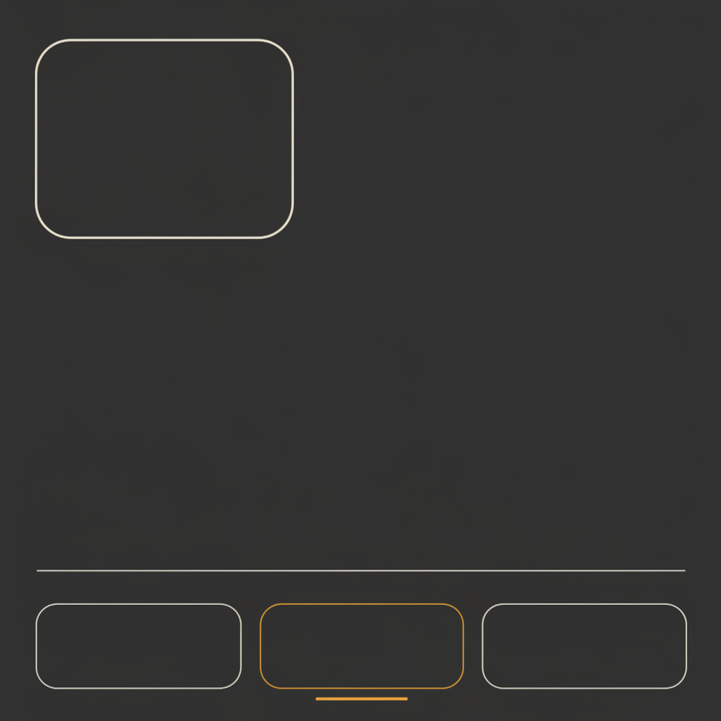 Minimal clean stream overlay made with AI: a dark grey layout with a thin off-white rounded webcam outline in the upper left, a hairline rule across the lower third and three empty outlined panels along the bottom, one picked out in warm amber