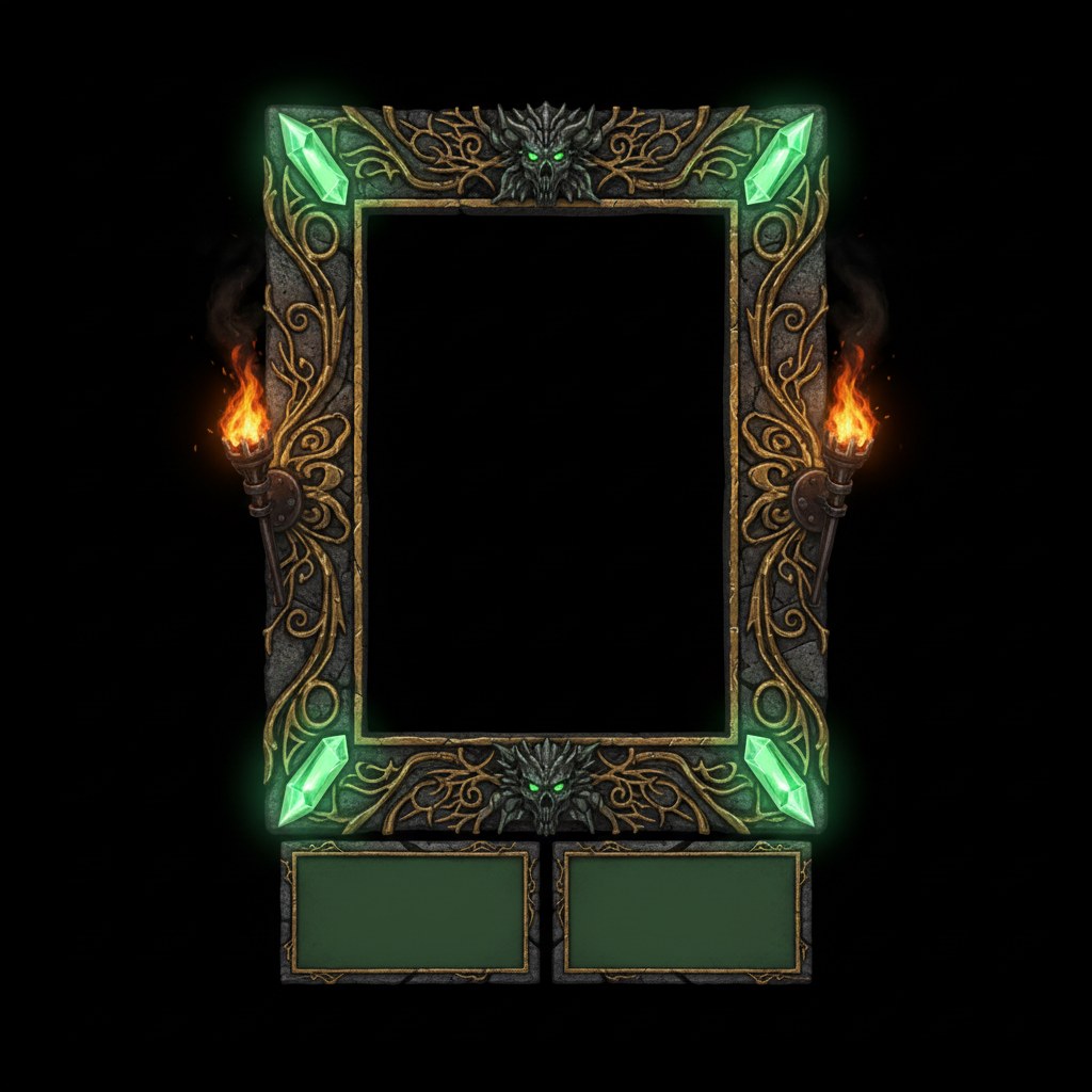 Dark fantasy Twitch overlay design: an ornate carved stone and gold filigree frame around an empty webcam area, with glowing emerald crystals at the corners, lit torches on either side and two blank stone RPG panels below