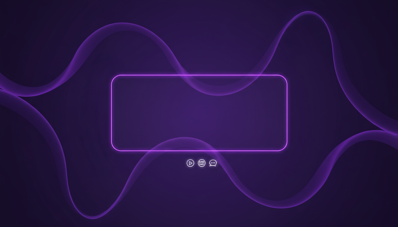 Twitch offline and starting soon screen made with the AI Twitch overlay generator: a wide dark gradient background with abstract flowing purple ribbons and a centred empty content panel