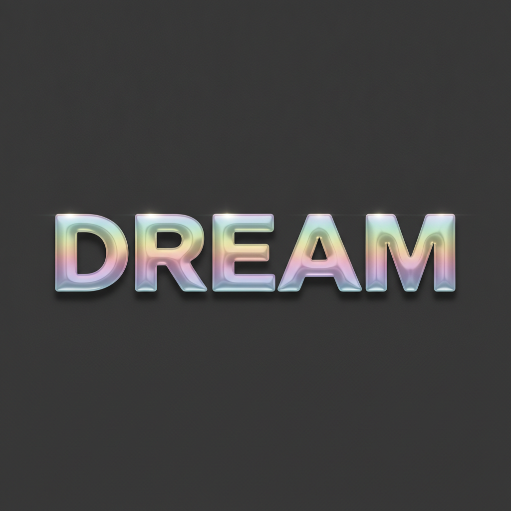 AI typography generator result: the word DREAM set in heavy rounded sans-serif capitals with a glossy pearlescent finish and bright highlights, on a dark charcoal background