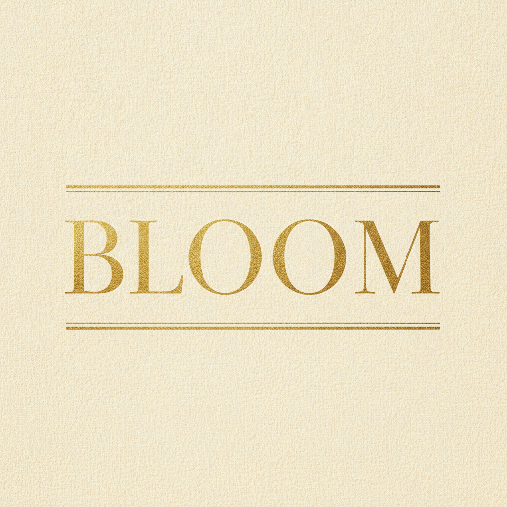 Gold foil typography made with AI: the word BLOOM in a high-contrast serif with hairline strokes, printed in metallic gold between two thin gold rules on cream textured paper